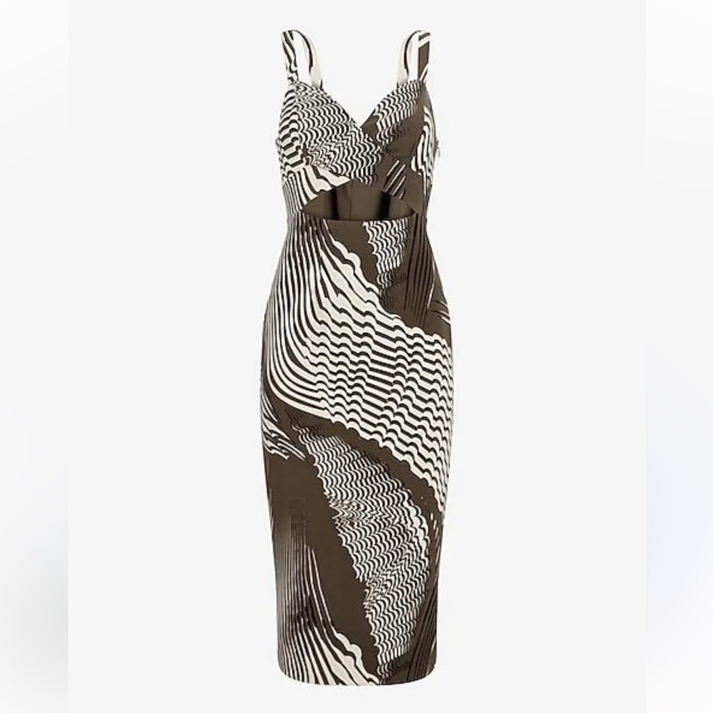 Express Abstract Olive & White Sexy Cutout Midi Dress 8/10 - Picture 2 of 13